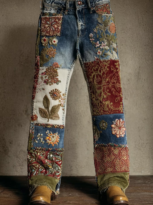 Women's Vintage Patchwork Floral Art Washed Blue Jeans elevenforest