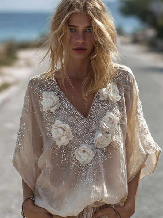 Bohemian Style White Flower V-neck Vintage Linen Short-sleeved Shirt elevenforest