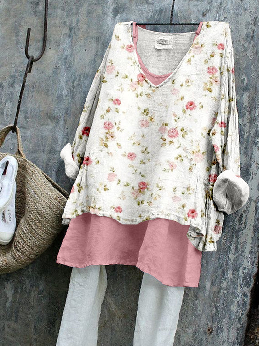 Vintage Cottagecore Floral Pattern Linen Blend Tunic elevenforest