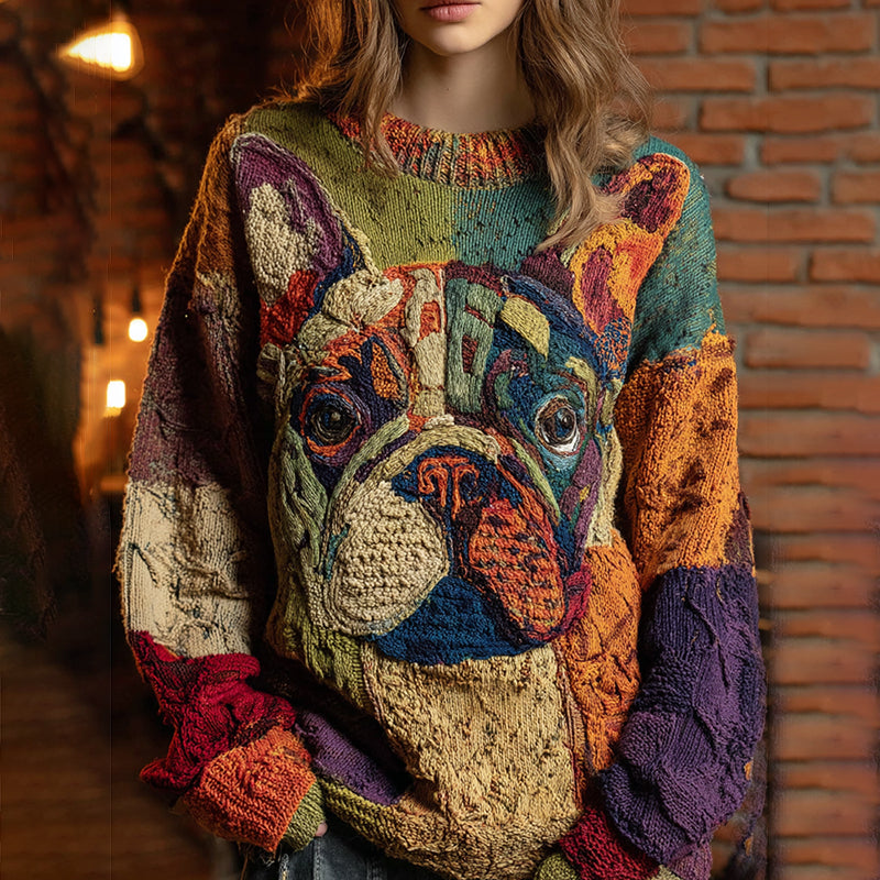 Vintage Classic Patchwork Lovely Cute Pug French Bulldog Inspired Cozy Knit Sweater elevenforest