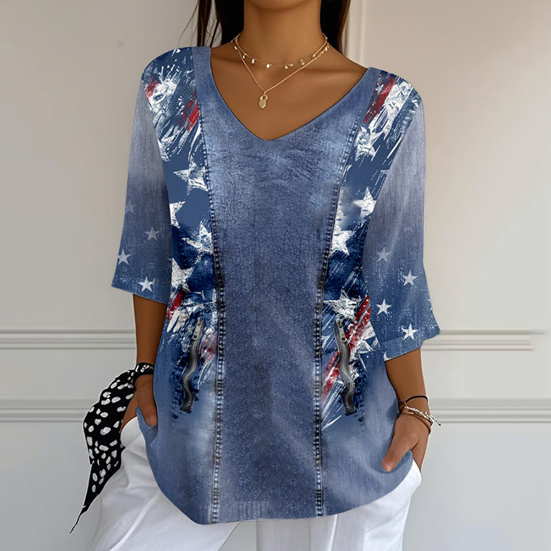 Comstylish Women's Casual Vintage Independence Day Denim Art Mid Sleeve Top