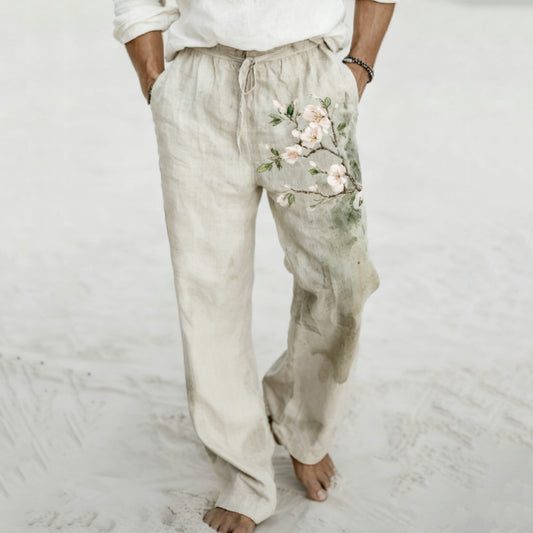 Men's Vintage Floral Art Comfy Linen Pants elevenforest