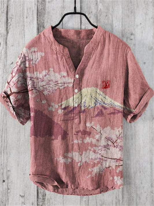 Cherry Blossom Mount Fuji Japanese Landscape Linen Blend Shirt elevenforest