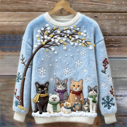 Christmas Cats Embroidery Women's Cozy Plush Sweater elevenforest