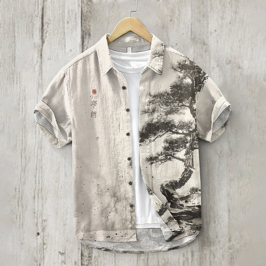 Japanese Landscape Tree Art Linen Blend Shirt elevenforest