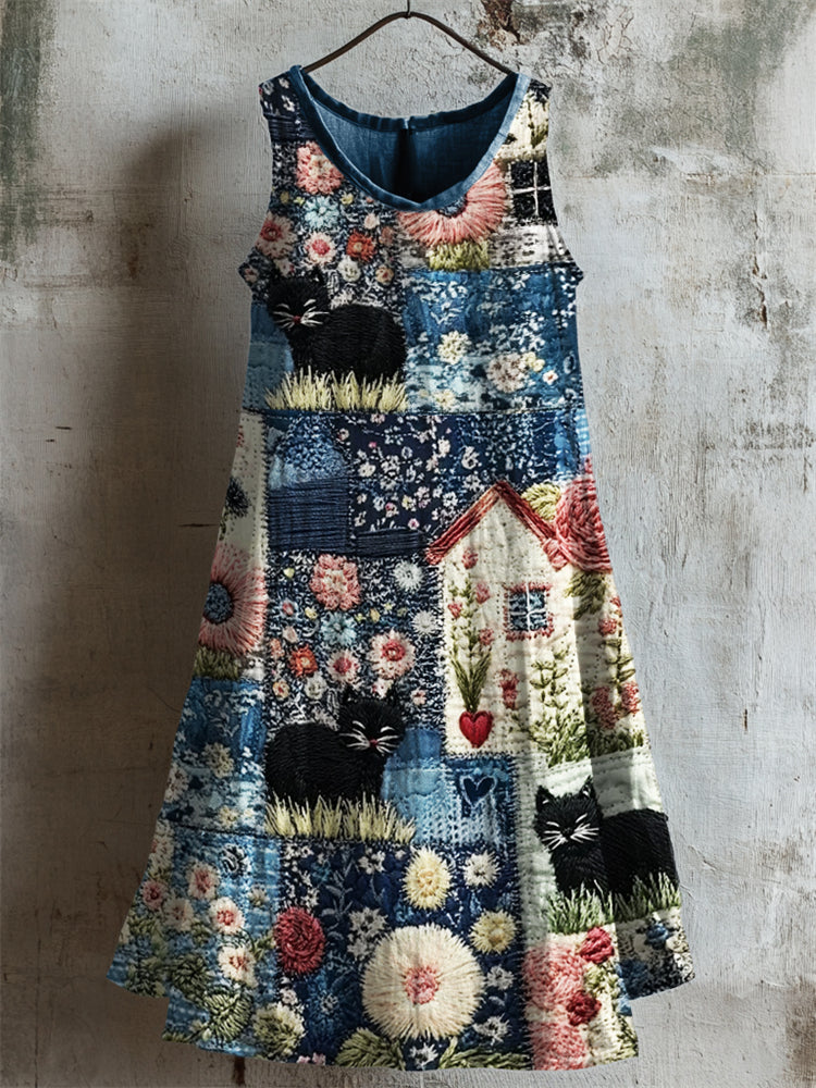 Black Cats Embroidered Cottage Floral Textile Linen Tank Dress elevenforest