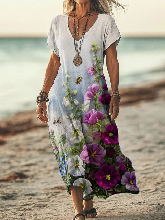 Women's Floral Embroidered Linen Blend Vintage Dress elevenforest