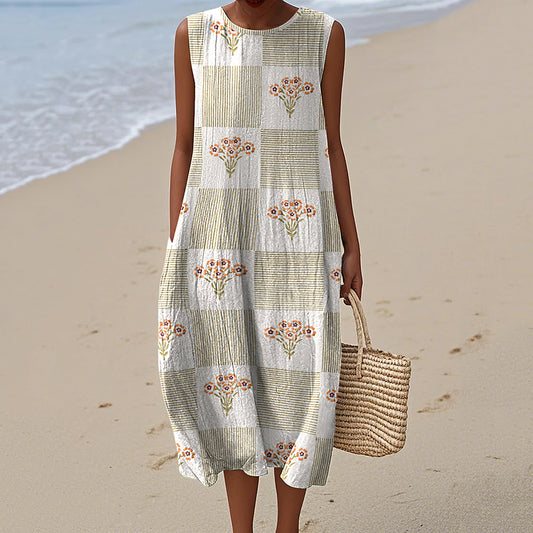 Vintage Floral Stripe Print Crew Neck Dress elevenforest