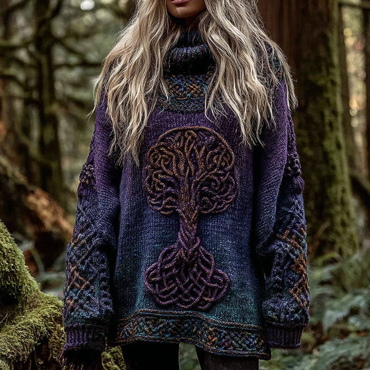Women's Viking Tree Of Life With Celtic Knot Art Gradient Turtleneck Cozy Knit Sweater artswardrobe
