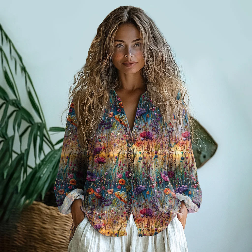 Vintage  Gradient Flowers Embroidered Linen Print  Long Sleeve Shirt elevenforest