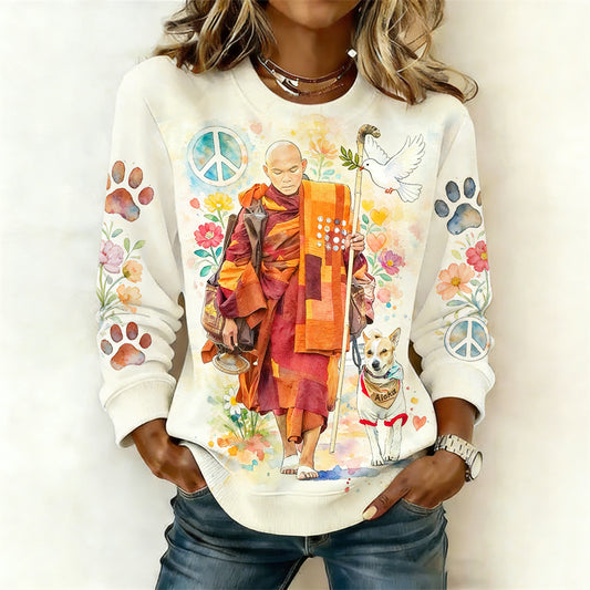 Comstylish Walk For Peace Aloka & Monk Floral Watercolor Sweatshirt