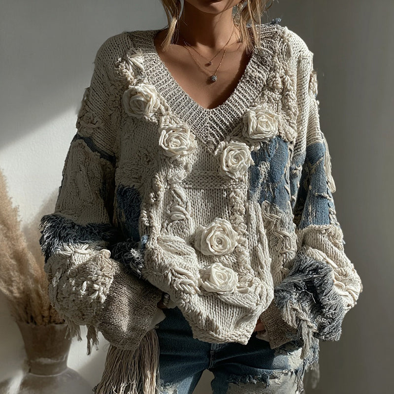 Women's Vintage White Rose Chunky Knit V-neck Sweater elevenforest