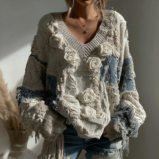 Women's Vintage White Rose Chunky Knit V-neck Sweater elevenforest