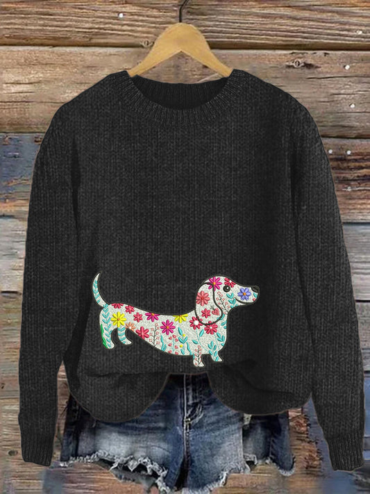 Comstylish Floral & Dachshund Embroidered Women's Cozy Sweater