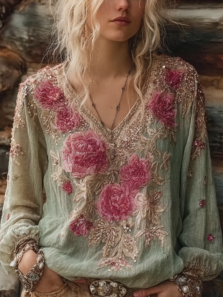 Bohemian Retro Plant And Flower Pattern Casual Cotton And Linen Long-sleeve Top elevenforest