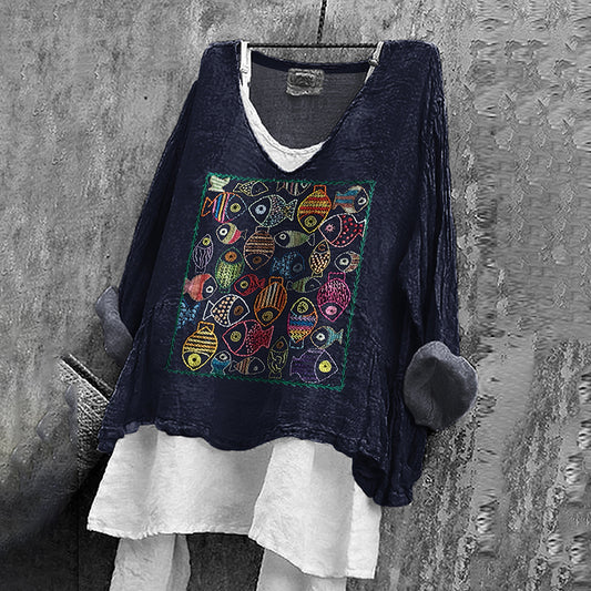Comstylish Women's Japanese Fish Art Print V-neck Loose Linen T-shirt