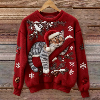 Christmas Lazy Cat Art Women's Cozy Plush Sweater elevenforest
