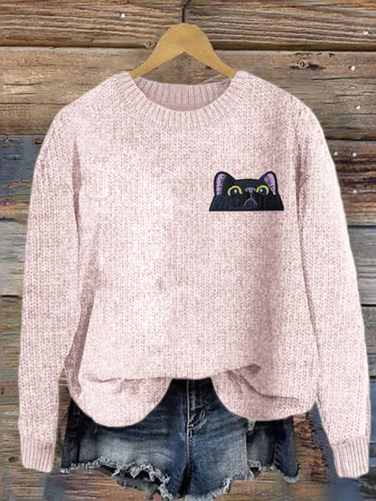 Comstylish Women's Casual Funny Black Cat Print Sweater