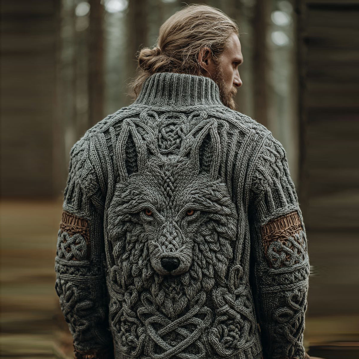Men's Vintage Viking Wolf Pattern Cozy Knit Turtleneck Pullover Sweater artswardrobe