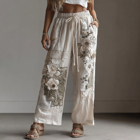 Women's Retro Floral Lace Patchwork Art Pocket Linen Casual Pants elevenforest