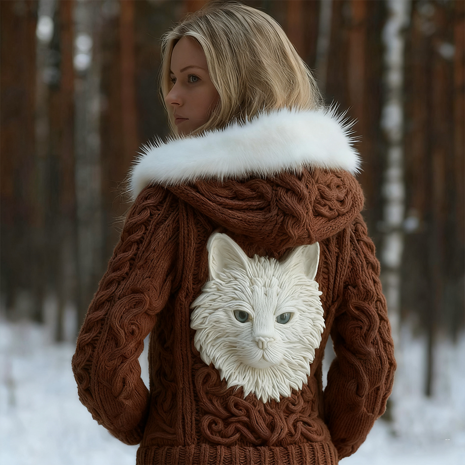 Viking Retro Cat Design Women's Hooded Knit Sweater Jacket elevenforest