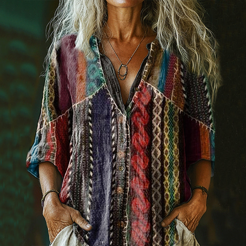 Comstylish Women's Retro Stripe Art Print Casual Cotton And Linen Shirt