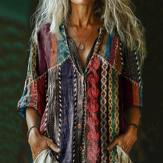 Comstylish Women's Retro Stripe Art Print Casual Cotton And Linen Shirt