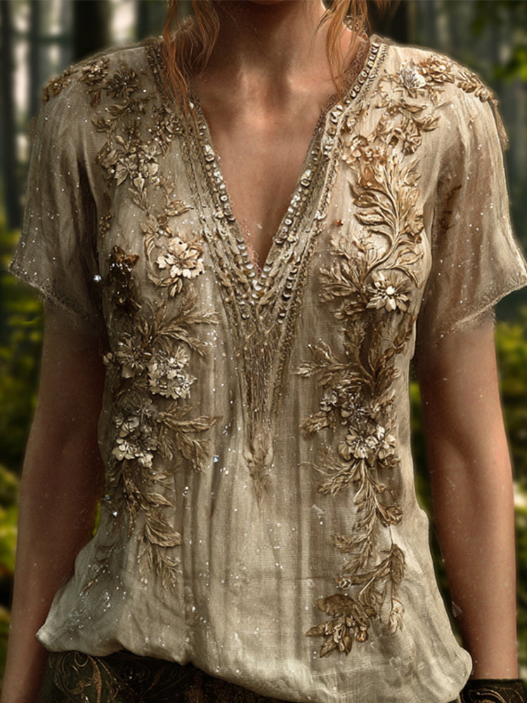 Bohemian Style Golden Sequin Flower Glowing Vintage V-neck Short-sleeved Shirt elevenforest
