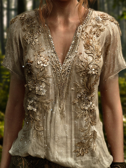 Bohemian Style Golden Sequin Flower Glowing Vintage V-neck Short-sleeved Shirt elevenforest