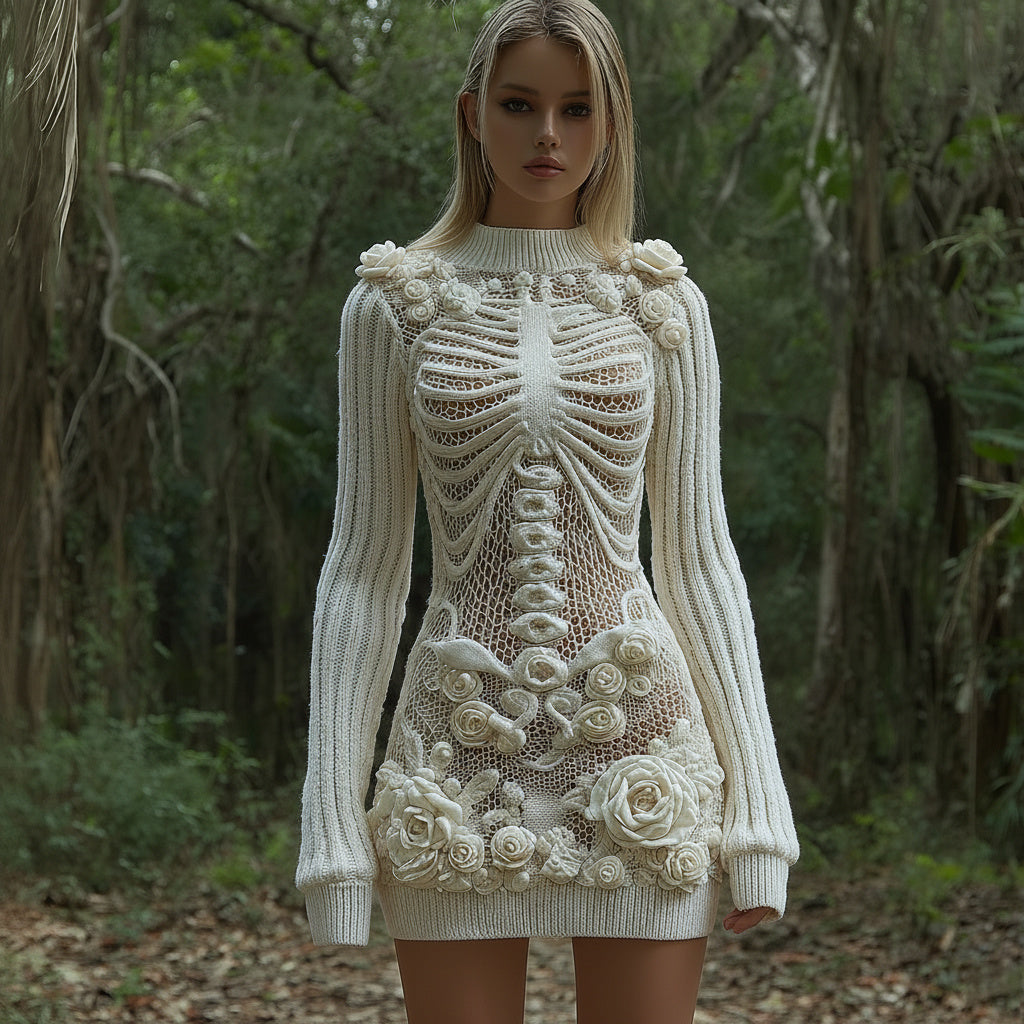 Women's Vintage Skull Rose Art Comfortable Elegant Sweater Dress elevenforest