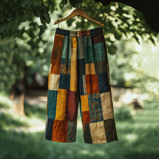 Comstylish Vintage Color Block Linen Blend Casual Pants