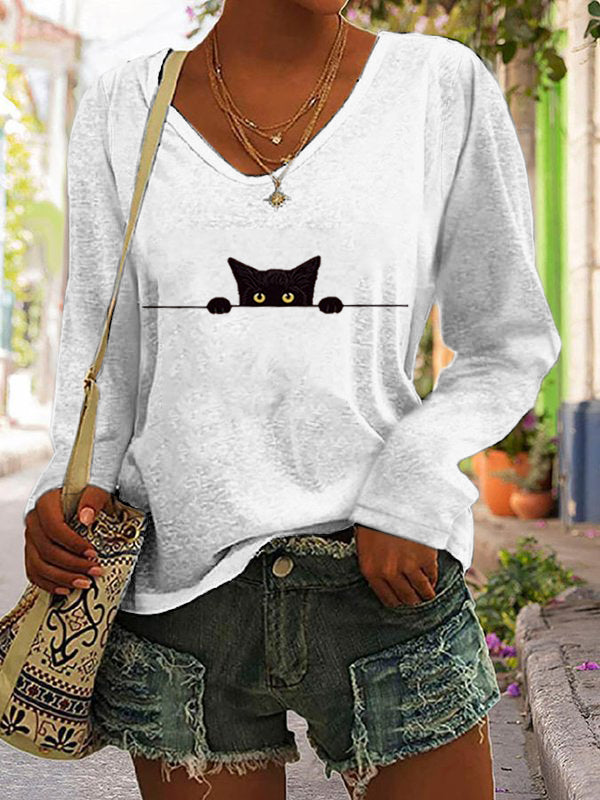 Women's Casual Funny Black Cat Print T-shirt elevenforest