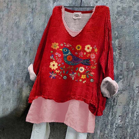 Comstylish Women's Flower And Bird Embroidery Art Linen V-neck Shirt