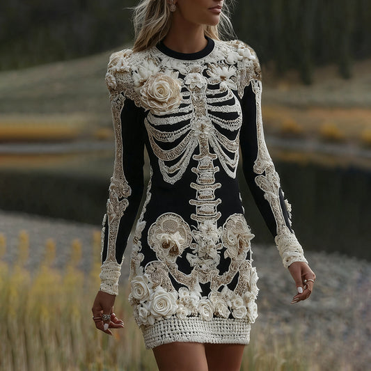 Women's Halloween Skeleton Bones With Rose Art Cozy Knit Mini Sweater Dress elevenforest