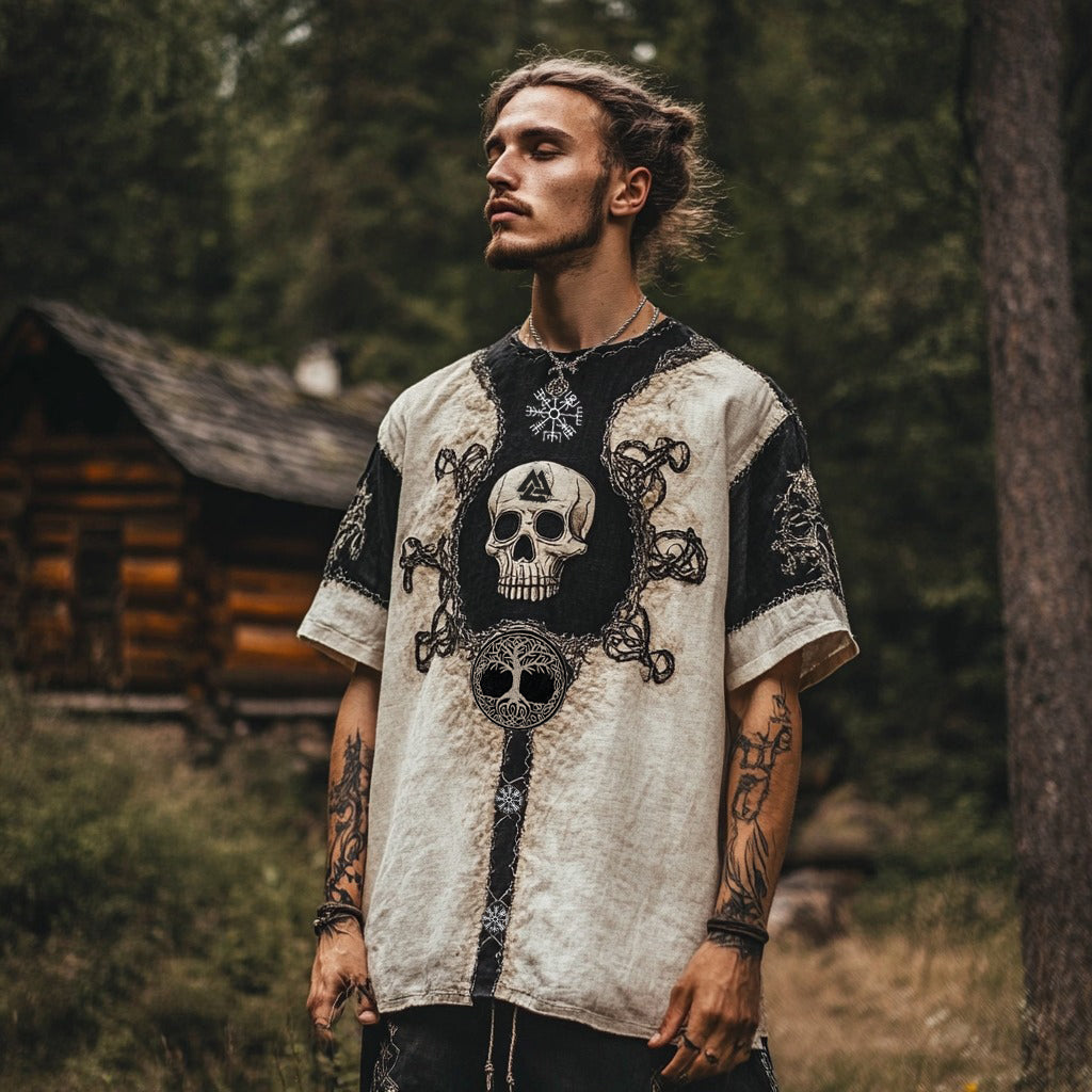 Men's Viking Tribal Skull Runes Embroidery Art Linen Crew Neck T Shirt elevenforest