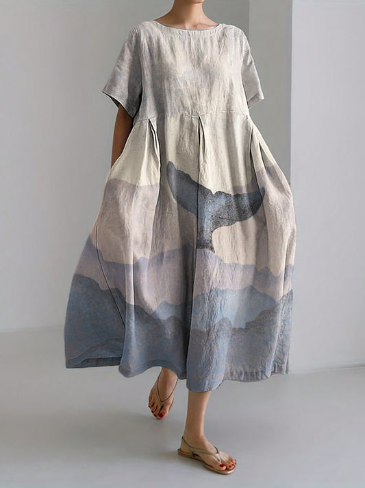 Whale Tail Sea Waves Colorblock Linen Blend Maxi Dress elevenforest