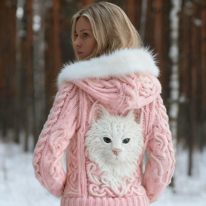 Viking Retro Cat Design Women's Hooded Knit Sweater Jacket elevenforest