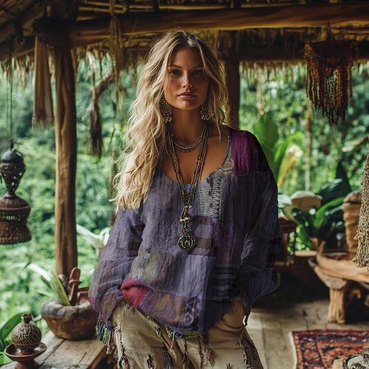 Comstylish Retro Bohemian Resort Patchwork Art Print Cotton And Linen Blend Loose Blouse