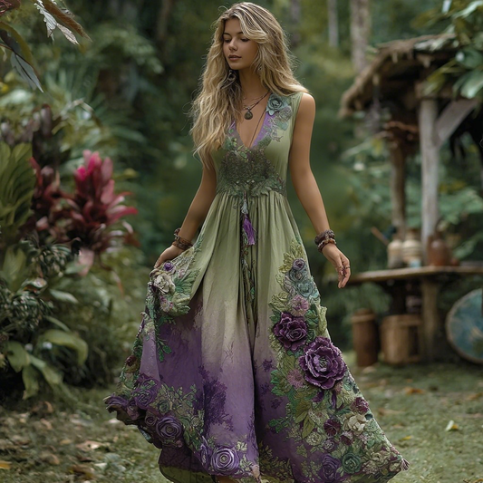 Vintage Purple Gilded Rose Embroidery Sleeveless V-neck Dress elevenforest