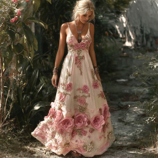 Resort Style Boho Floral Embroidery Women's Linen Spaghetti Strap Maxi Dress elevenforest