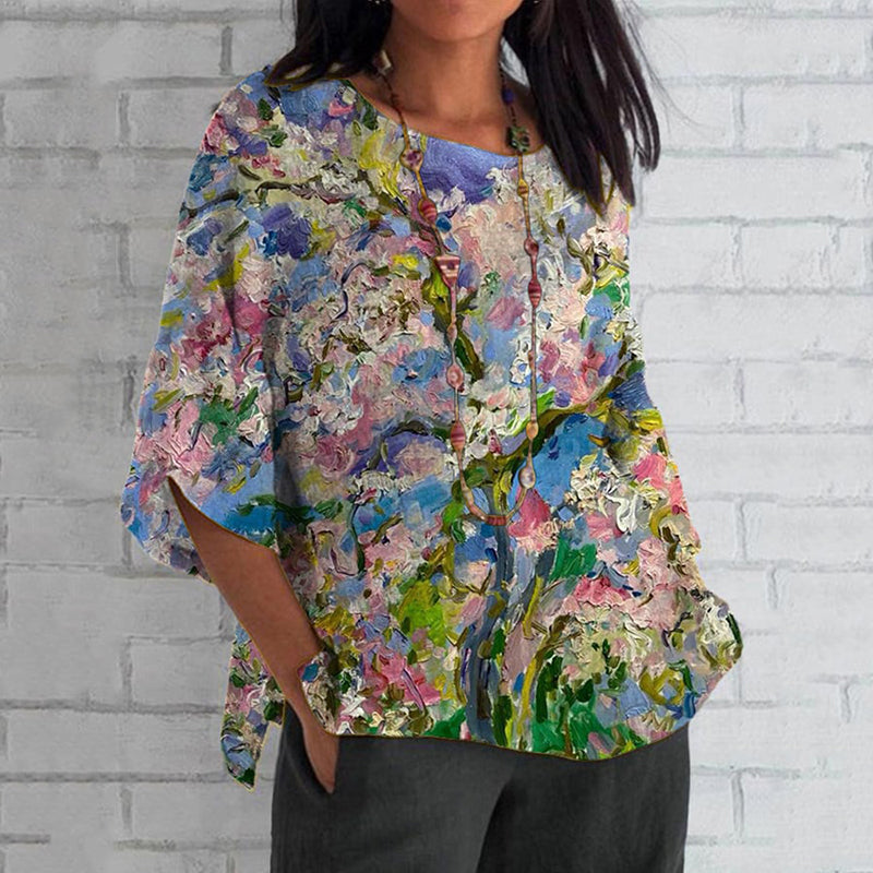 Comstylish Vintage Colorful Floral Art Cotton Linen Casual Shirt