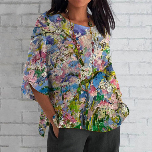 Comstylish Vintage Colorful Floral Art Cotton Linen Casual Shirt