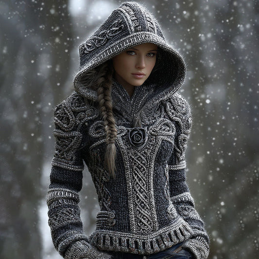 Women's Viking Celtic Knot With Rose Art Winter Warmth Knit Hooded Sweater