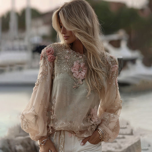 Women's Pink Rose Embroidery Sequins Linen T-shirt elevenforest