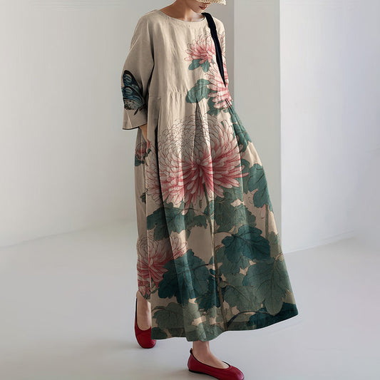 Comstylish Women's Butterfly And Floral Art Linen Dress