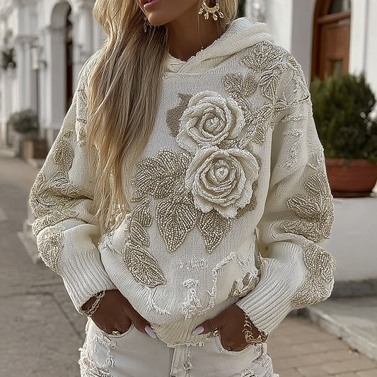 Women's Vintage Floral Embroidery Art Cozy Knit Hooded Sweater elevenforest