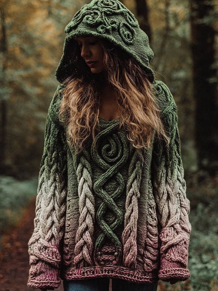 Women's Vintage Cable Knit Embroidery Gradient Hooded Sweater elevenforest
