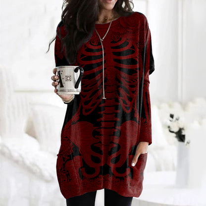 Comstylish Comstylish Women's Halloween Skeleton Bones With Rose Art Cozy Knit Turtleneck Mini Sweater Dress