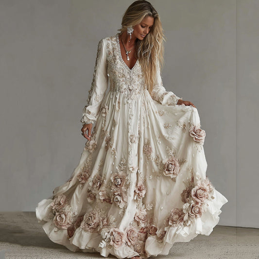 Women's Vintage Roses Art Print V-neck Long Sleeve Maxi Dress elevenforest