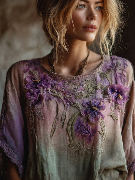 Vintage Purple Flowers Forest Gradient Flowy Linen Tunic elevenforest